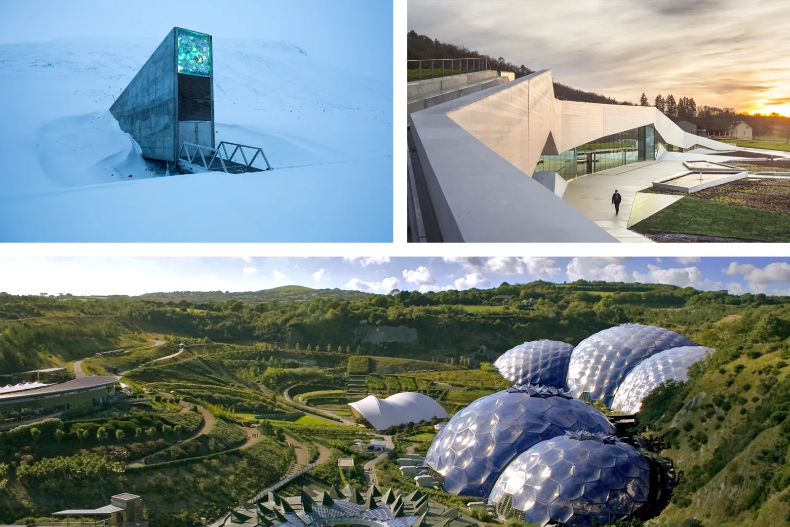 The Svalbard Global Seed Vault (top left), Lascaux IV (top right) and the Eden Project (bottom)